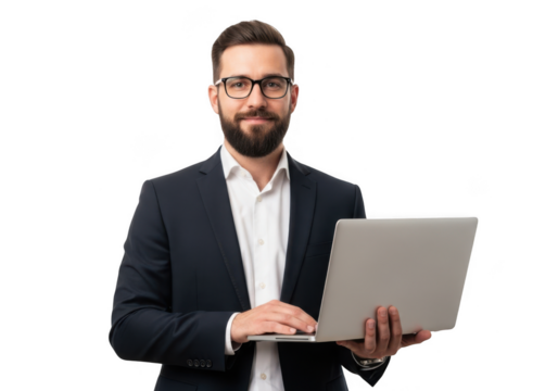 Man in suit holding laptop isolated on transparent background - Powered by Adobe