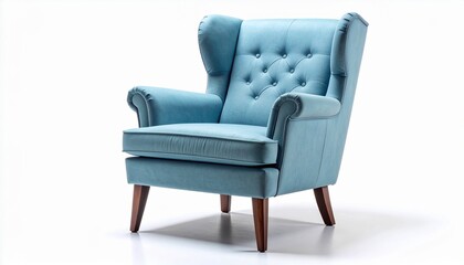 Light blue upholstered armchair with tufted wingback design, rolled arms, and angled wooden legs on white background.