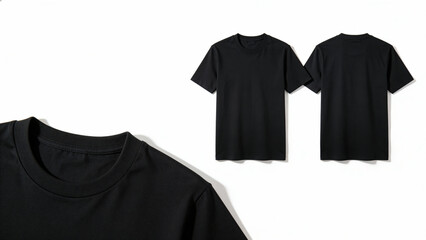 Black t-shirts displayed in front and back views on a white background