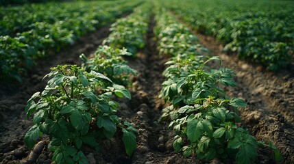 Lush potato plant field in countryside agricultural landscape