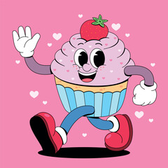 Retro Cupcake Character Walking with Strawberry and Hearts