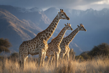 Obraz premium Giraffe family standing in tall dry grass with mountain background during golden hour light, showcasing wildlife beauty and natural habitat in serene environment