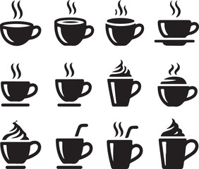 Obraz premium A collection of hot chocolate mug silhouette icon set. simple design black color and white background.