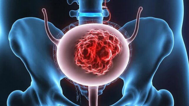 Bladder Cancer Animation in Male Pelvis Anatomical Illustration with Transparent Background and Blue Bone Structure