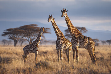Obraz premium Giraffe family in savanna landscape with tall grass and acacia trees under cloudy sky, showing natural wildlife beauty and peaceful animal behavior in open habitat