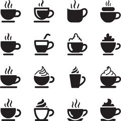 A collection of hot chocolate mug silhouette icon set. simple design black color and white background.