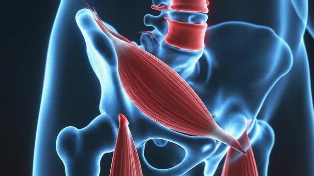 Blue Hologram of Human Pelvis Anatomy with Red Highlighted Muscles and Spine Bones Medical Visualization for Research
