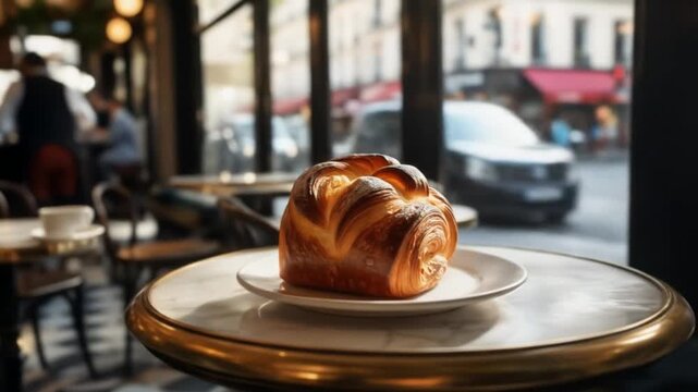 Parisian cafe experience: Enjoying a pastry with coffee in a cozy cafe setting, capturing the