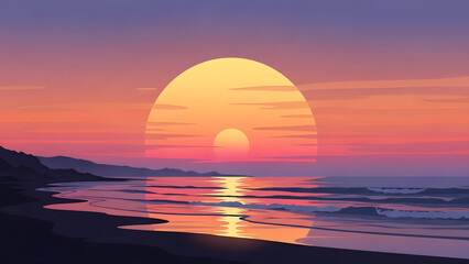 Ocean Sunset Beach Landscape Illustration