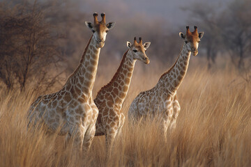 Obraz premium Giraffe family standing in tall dry grass with blurred natural background, wildlife photography capturing calm and majestic animals in their habitat