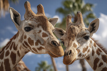 Naklejka premium Two giraffe heads close together showing detailed fur pattern and gentle expression with blurred palm trees and blue sky background in wildlife photography