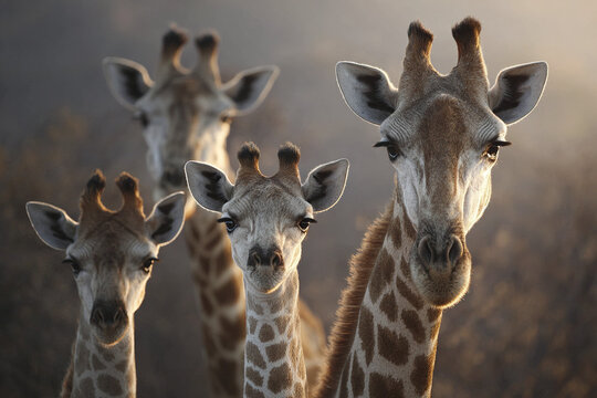 Giraffe family in natural habitat with soft lighting, showing detailed patterns and gentle expressions, wildlife photography capturing beauty and height of these majestic animals - Powered by Adobe