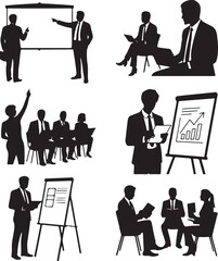Business people presentation meeting and training vector silhouettes set professional group discussion illustration