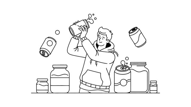 A person is shaking a bottle with cans and jars around them.