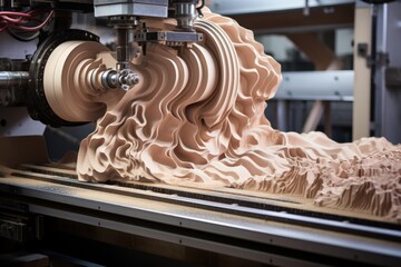 Cnc machine carving a complex and organic wooden sculpture, showcasing the precision and artistry of modern woodworking technology