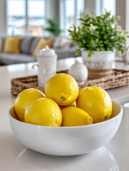 Bowl of lemons on a kitchen countertop with decor