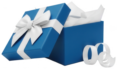 Open blue gift box with white tissue paper and white ribbon bow