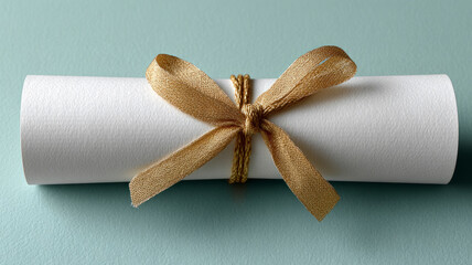 Rolled diploma tied with a gold ribbon on a blue background.