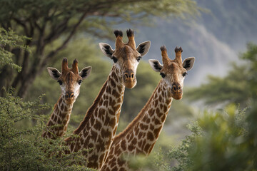 Obraz premium Giraffe family in natural habitat with tall necks and patterned fur standing among green trees and bushes in wildlife setting with soft background and calm atmosphere