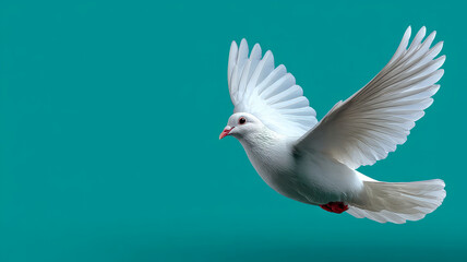 White dove flying against a teal background.