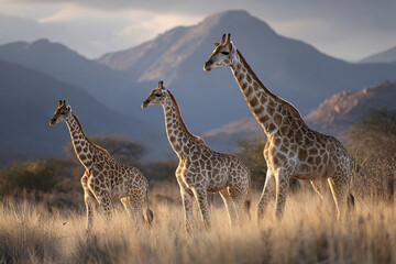 Obraz premium Giraffe family standing in dry grassland with mountain background during golden hour light, showing wildlife beauty and natural African habitat in serene atmosphere