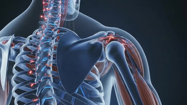 Detailed 3D Animation of Human Arm Musculature and Skeleton Structure on Dark Background Anatomy and Physiology for