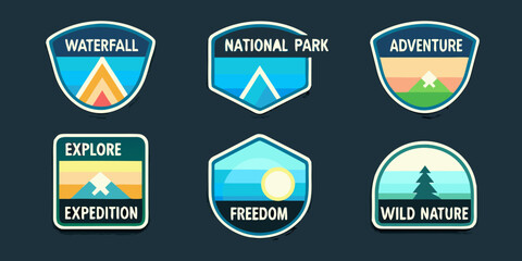Collection of colorful adventure badges featuring camping nature and exploration themes © Ankan