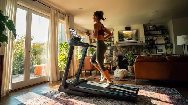 Fit woman runs on treadmill in bright living room combining home workout routine with modern healthy lifestyle balance