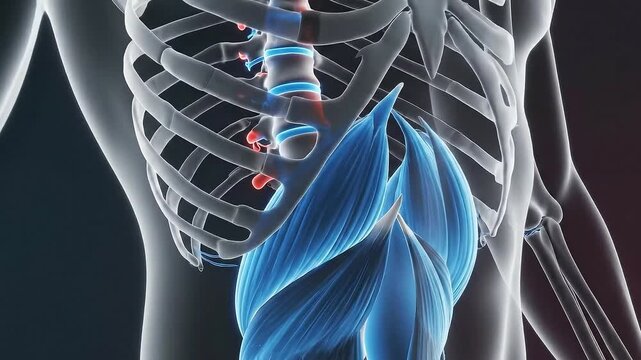 Detailed 3D Animation of Human Torso Anatomy and Abdominal Muscles for Medical Explanation with X-ray Skeleton and Red