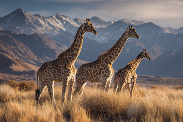 Three giraffe standing in dry grassland with mountain range in background during golden hour, wildlife scene with warm natural light and peaceful atmosphere