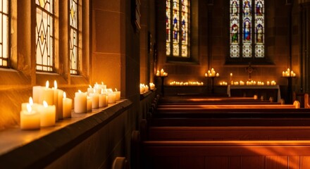 Candlelit church interior with stained glass windows and wooden pews. Religious ambiance for prayer, meditation and worship. Spiritually inspiring setting for Palm Sunday.