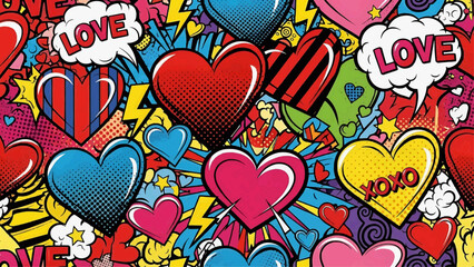 A vibrant and colorful pop art illustration of hearts and love symbols in various shapes and sizes.