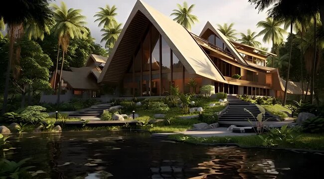 Tropical Resort with Modern Architecture and Pond.