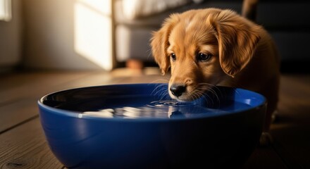 Thirsty puppy drinking water from a blue bowl indoors.