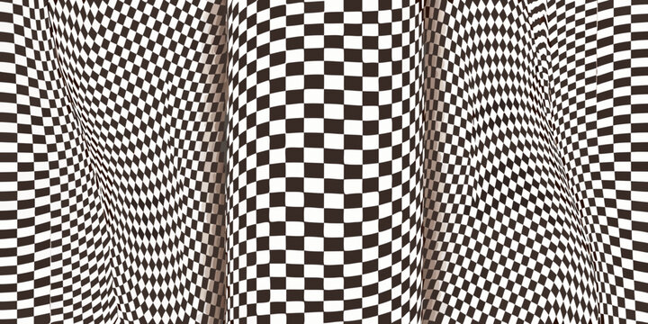 Optical illusion with waving checkered patterns in brown and white tones