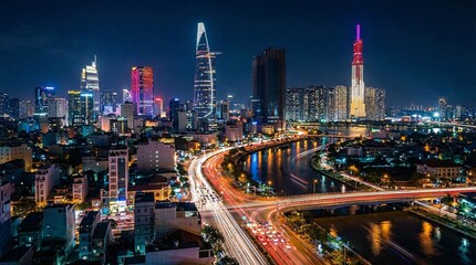 Fototapeta premium Vibrant cityscape at night with illuminated skyscrapers and busy highway
