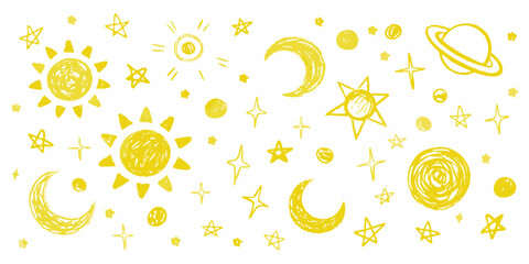 Whimsical yellow celestial doodles suns moons stars and planets on white background