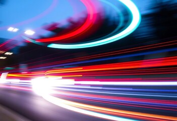 Long exposure photograph capturing glowing red and blue light trails in motion,  traffic,  red