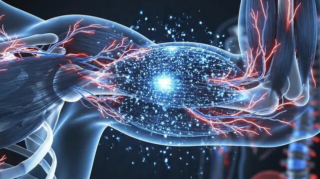Detailed Medical Animation of the Human Arm Musculature Showing Blood Flow and Bone Structure on Dark Background