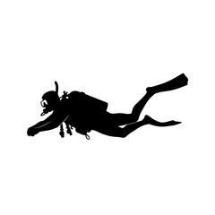 Silhouette of a scuba diver swimming underwater depicted in a black and white style