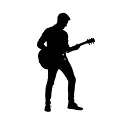 Silhouette of a musician passionately playing an electric guitar against a white background