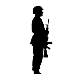 Silhouette of a soldier standing guard with a rifle isolated on white