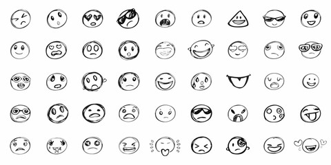 Collection of hand drawn black and white smiley faces with diverse expressions