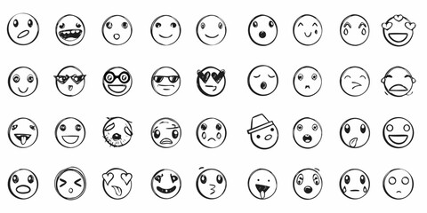 Collection of hand drawn black and white smiley faces with various expressions