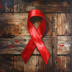 Red awareness ribbon on wooden surface