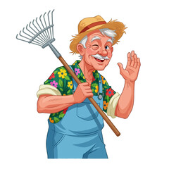 Smiling gardener with a rake and straw hat waving cheerfully at the viewer