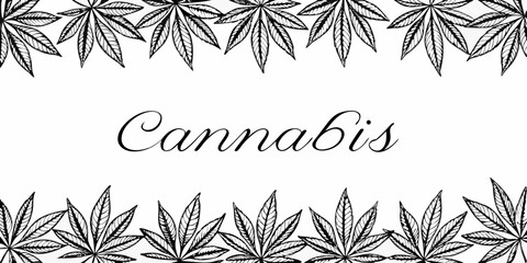 Botanical illustration of cannabis leaves with elegant script typography