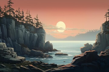 Serene landscape painting of a rocky coastline with pine trees, overlooking a calm ocean during a beautiful sunset