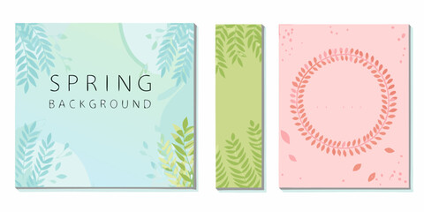 Spring floral backgrounds with leaves and wreaths in pastel colors