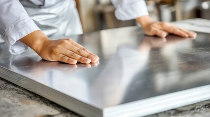 Medium shot of a worker polishing palladium sheets capturing the reflective surface and meticulous attention to detail in a clean workshop.